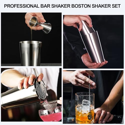 Mwellewm Cocktail Shaker Boston Shaker Set 15 Pcs Professional Bartender Kit Bar Shaker Stainless Steel Drink Shaker Bartending Martini Shaker Tin Mixed Alcohol Shaker Tool for Beginner(Silver)
