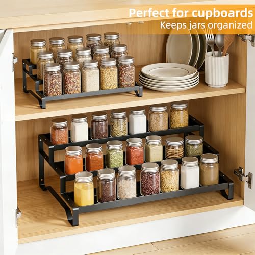 PEEKUP 3-Tier Spice Rack Organizer, 13"-21.5" Expandable Spice Organization Shelf, Metal Seasoning Organizer for Kitchen Countertop or Pantry, Slip-Resistant Design for Jars and Bottles, Black