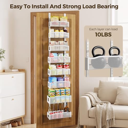 Delamu 8 Tier Over the Door Pantry Organizer, 2in1 Hanging or Wall Mount Spice Rack Seasoning, Adjustable Heavy-Duty Narrow Pantry Door Organizer and Storage for Kitchen Cabinet and Bathroom,12" White