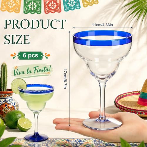 Vesici 6 Pcs Mexican Hand Blown Glass 16oz Large Cobalt Blue Rim Hand Blown Margarita Glasses Stemmed Cocktail Glasses, Authentic Artisan Crafted for Frozen Margaritas, Daiquiris & Parties
