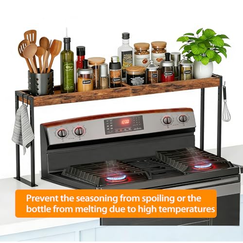 EffiJoy Spice Rack Shelf for 30-inch Kitchen Stove, Over the Stove Shelf with 4 Level Adjustable Height, Over Stove Spice Rack with 4 Hooks, Rustic Brown + Black
