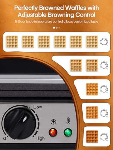 FOHERE Waffle Maker 4 Slices, 1200W Square Waffle Iron, 5 Browning Levels, Nonstick Plates, Cool-touch Handle, Anti-scald, Anti-overflow, Indicator Lights, Recipe, White (Large)