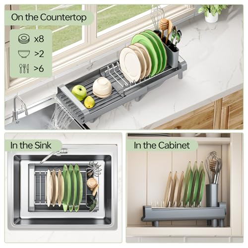 TOOLF Small Dish Drying Rack, Mini Expandable Compact Dish Rack, Slim Extendable Stainless Steel Dish Drainer for Kitchen Plate Storage, Space Saving Dish Strainer in Sink or on Home Countertop, Gray