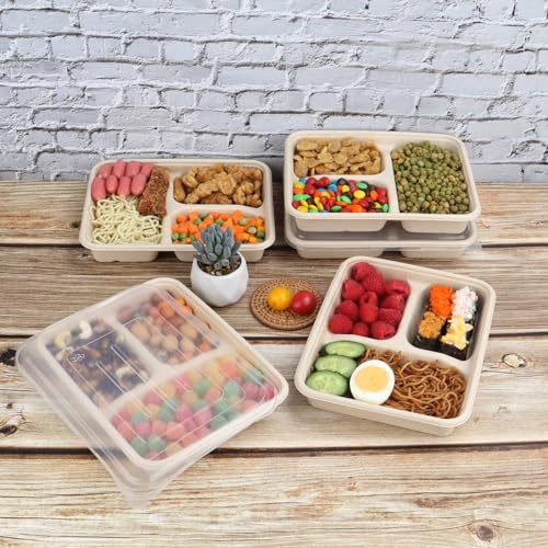 JAYEEY 23 oz 3 Compartments disposable plates with Lids Plant Fiber 50 Pack