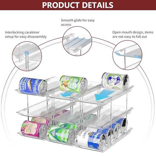 Attelite Can Organizer for Pantry, 3 Sets 4 Tiers Can Storage Organizer Pantry,Soda Can Organizer for Fridge 48 Cans Rack Automatic Rolling Stackable Canned Food Organizer,Clear