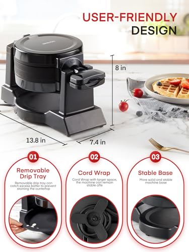Waffle Maker, 1400W Double Belgian Waffle Iron 180° Flip, 8 Slices in 3 Mins, Rotating & Nonstick Plates, Anti-Scald, Removable Drip Tray Easy to Clean, Cool Touch Handle, Space-Saving Storage(Black)