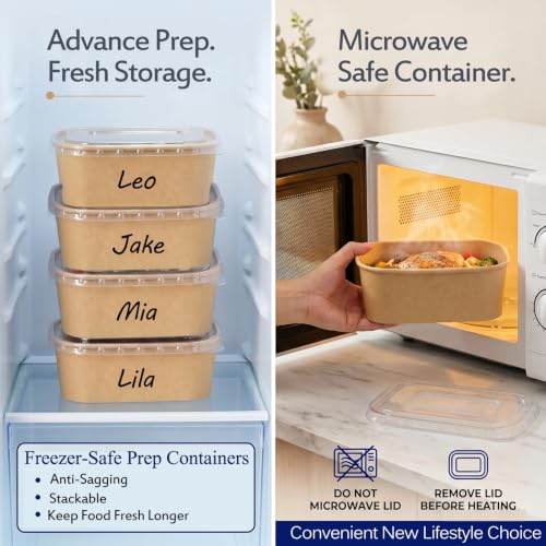 Artuxer 50 Pack 29Oz Disposable Meal Prep Containers With Lids and Forks-Disposable Kraft Paper Bowls-to go food containers-Microwavable and Freezer Safe Take Out Containers