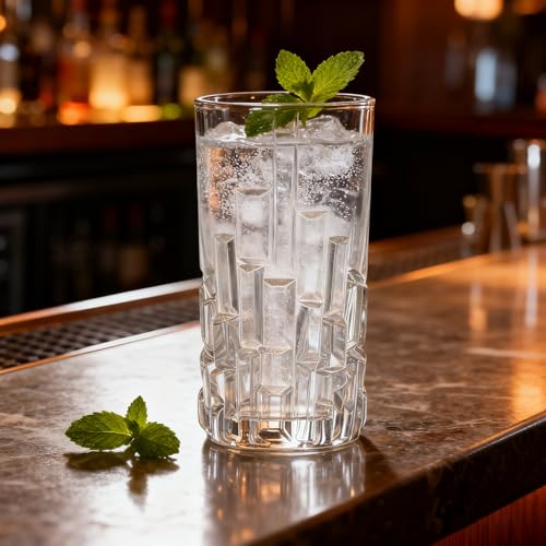 Vitrignis Tall Highball Glasses Set Of 6 - Elegant Tom Collins Glasses - Textured Designer Glassware Set For Whiskey,Drinks, Water, Beer, Soda 10 Oz