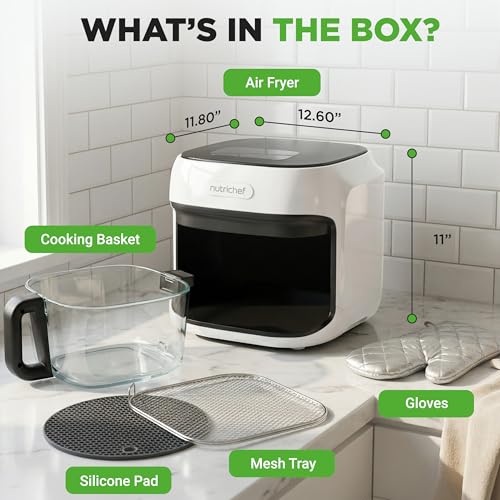NutriChef Family Size 7.5 Quart Air Fryer | 6 Preset Cooking Modes | Glass Fry Bowl for Best Cooking | 360° Air Circulation | Cook Veggies, Steak, Fries, Seafood, Chicken & More | White