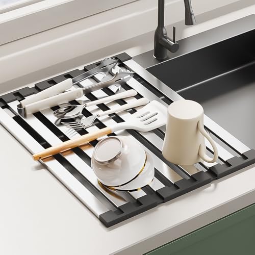 KATPOSIN Roll Up Dish Drying Rack, Over Sink Stainless Steel Rack,Foldable Kitchen Sink Mat,Kitchen Sink Drain Rack Dish Storage Rack (19.69" H x 12.8" W)