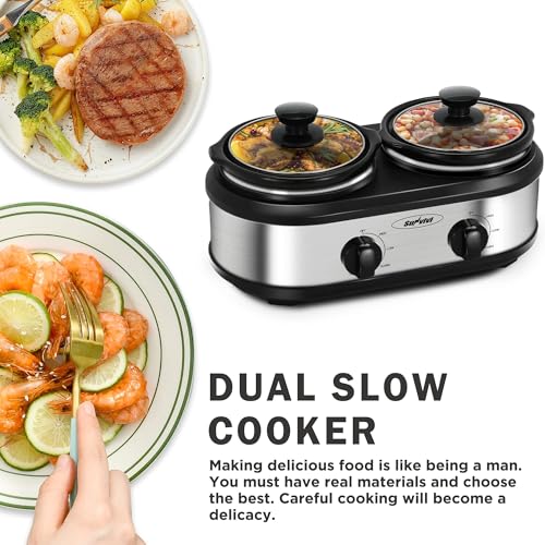 Sunvivi Dual Slow Cooker, Buffet Server and Food Warmer, Small Mini Pot with 3 Adjustable Temp & 2 Visible Glass Lids, for Parties, Holidays and Entertaining, Stainless Steel, 2 * 1.25 Quarts