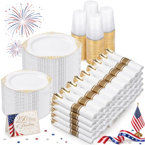Nervure 700PCS Gold Plastic Plates - Gold Plastic Dinnerware Sets for 100 Guests - 200 Disposable Plates, 300 Silverware, 100 Cups, 100 Napkins for Wedding & Party & Graduation
