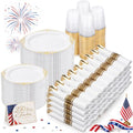 Nervure 700PCS Gold Plastic Plates - Gold Plastic Dinnerware Sets for 100 Guests - 200 Disposable Plates, 300 Silverware, 100 Cups, 100 Napkins for Wedding & Party & Graduation