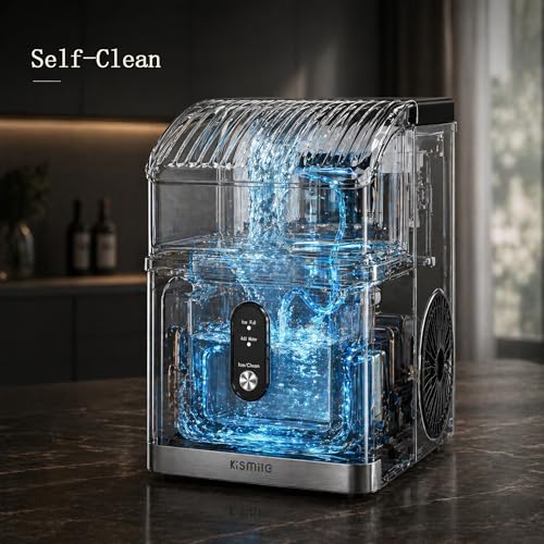 Kismile Nugget Ice Maker Countertop, Sonic Ice Maker with 35Lbs/24H, First Ice in 7 Mins, 1.2L Water Tank, Ice Basket Holds 2.2Lbs, Self-Cleaning Pebble Ice Machine for Home Kitchen Office Bar(Silver)