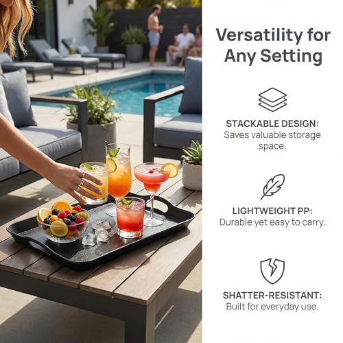 Cedilis 3 Pack Black Serving Trays with Handles,16 x 11IN Rectangular Non Skid Multi-Purpose Plastic OttomanTray for Restaurant, Parties, Coffee Table, Kitchen