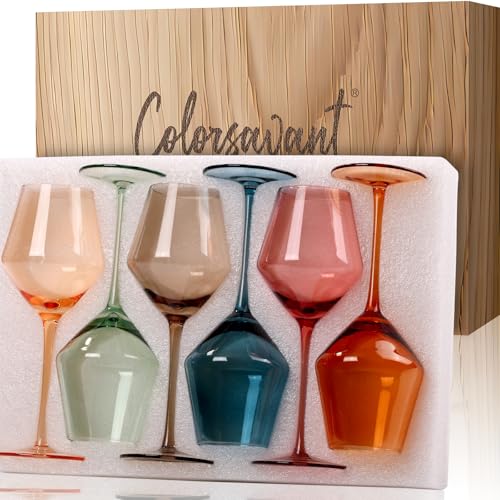 Colorsavant Colored Wine Glasses Set of 6-16OZ Colorful Wine Glass with Stem【HandBlown】 Muted Wine Glasses Colored Set,Wine Gifts for Mothers Day