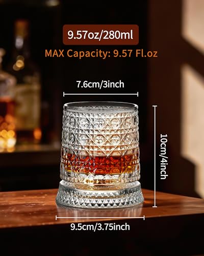 CEEFU Old Fashioned Whiskey Glasses with 360° Rotating Base, Set of 2 (2 Crystal Glasses Set, 2 Big Ice Ball Molds) In Gift Box - Bourbon, Cocktail, Rocks, Bday Gifts Ideas for Men, Gem Pattern