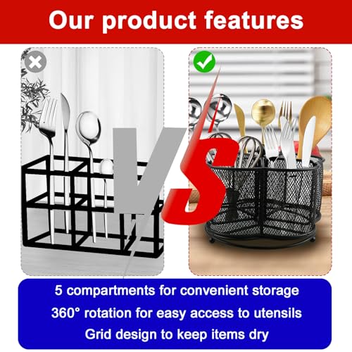 Business King 360° Rotating Silverware Utensil Caddy Holder - 5 Compartment Whirling Utensil Holder Kitchen Countertop Organizer for Spoon Fork Flatware Storage for Home or Outdoor Picnic Camping