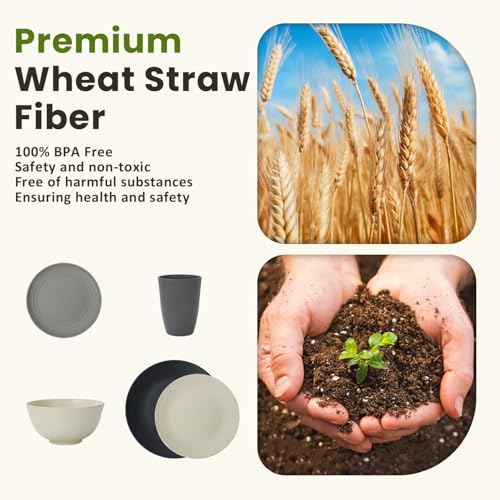 Homienly Kitchen Wheat Straw Dinnerware Set 40 PCS - Dinner Plates, Cereal Bowls, Wheat Straw Cups Set, Microwave and Dishwasher Safe Dishes Set, Unbreakable Dish Set for Party, Outdoor(Grey Stone)