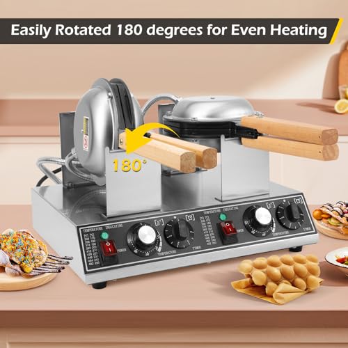 Dyna-Living Bubble Waffle Maker Commercial Double-head Egg Puff Waffle Maker, 1400W & 1400W Non-stick Hong Kong Bubble Waffle Machine, 180° Rotating, Non-stick Coating, Dual Temperature Control