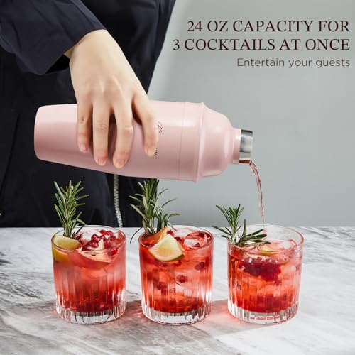 KITESSENSU Cocktail Shaker Set, Stainless Steel Martini Shaker with Bartender Strainer, Measuring Jigger, Bar Mixing Spoon, Cocktail Recipe Included, Pink