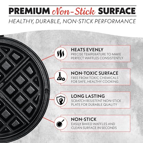 Gourmia Dual Pour Waffle Maker - Belgian Waffle Maker with Mess Free Spout, NonStick Plates, Cool Touch Handle, Compact Upright Storage, Safety Latch, Black