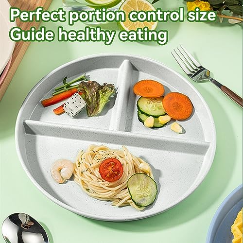 WAYGYMBBD Portion Control Plate For Adults 9 Inch 5Pcs, Round Divided Plates for Adults, 3 Compartment Plates With Dividers，Microwave And Dishwasher Safe