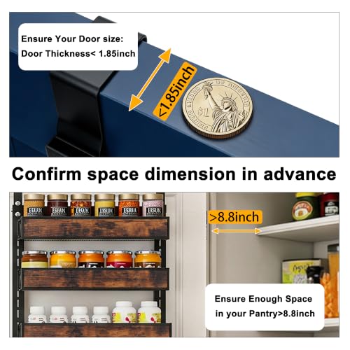 Clothink 8 Tier Over The Door Pantry Orangizer 2 IN 1 Wall Mounted or Hanging Spice Rack with Adjustable Wood Basket,Heavy Duty Seasoning Storage Shelf for Kitchen Pantry and Bathroom