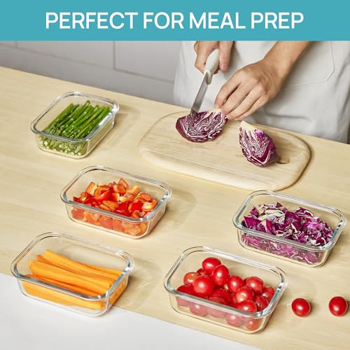 Vtopmart 5Pack 22oz Glass Storage Containers with Lids, Glass Meal Prep Food Container Sets with Snap Airtight Lid for Microwave, Oven, Freezer and Dishwasher, Grey