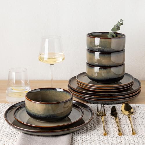 TheTerra Ceramic Dinnerware Sets for 4, 12 Pieces Handmade Reactive Glaze Plates and Bowls Set, Scratch Resistant Dish Set, Oven & Microwave & Dishwasher Safe