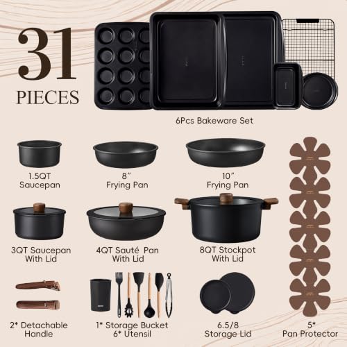 CAROTE 31pcs Nonstick Pots and Pans Set with Baking Pans Set, Cookware Sets with Detachable Handle, Kitchen Cooking Set - Camping Cookware, Dishwasher & Oven Safe, Induction Compatible