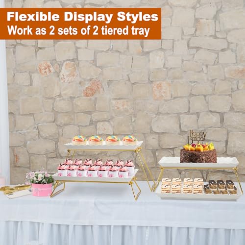 KAQAHIDO Extra Large 4 Tier Serving Tray Set, 34x22x10 inch Wave Edge Melamine Dessert Table Display Set, Tiered Trays Stand for Party Buffet Entertaining, Gold and White