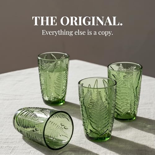 Green Drinking Glasses Set of 4, 12 oz Vintage Hand-Pressed Glass Cups, Fern Textured Highball Tumblers, Antique Style Boho Glassware for Water, Juice, Cocktails & Mocktails, Housewarming Gift Set