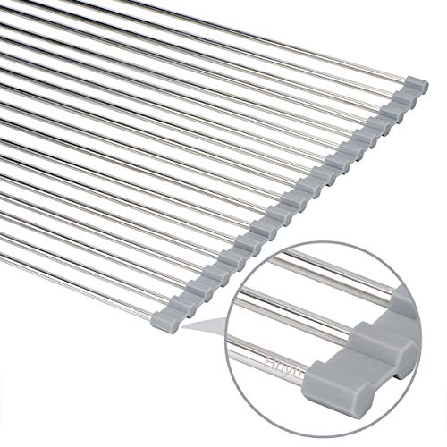 Hhyn Roll-Up Sink Drying Rack 17.7"(L) x 13.8"(W) - Multipurpose Heat Resistant Over The Stainless Steel & Silicone Dish Rollable Kitchen Drainer, Gray