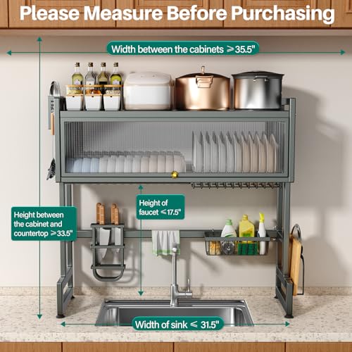 CUISIBOT Over the Sink Dish Drying Rack 3 Tier with Dustproof Flip-Up Cover