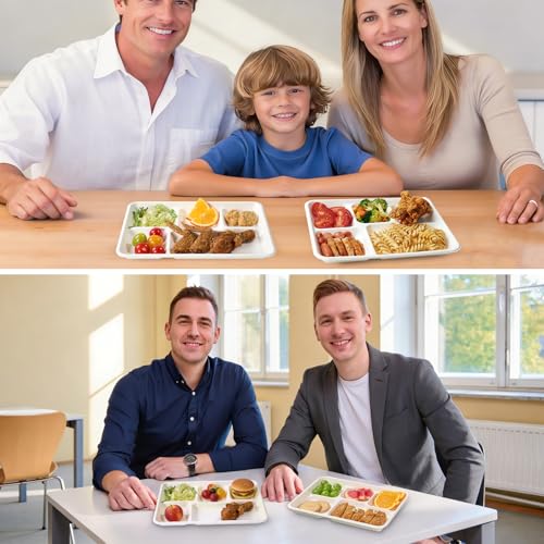 Turbo Bee Disposable 5 Compartment Plates, 100Pack Bagasse Divided Paper Trays, Heavy Duty Serving Plates for School Lunch, Meal Prep, Picnic and Buffet