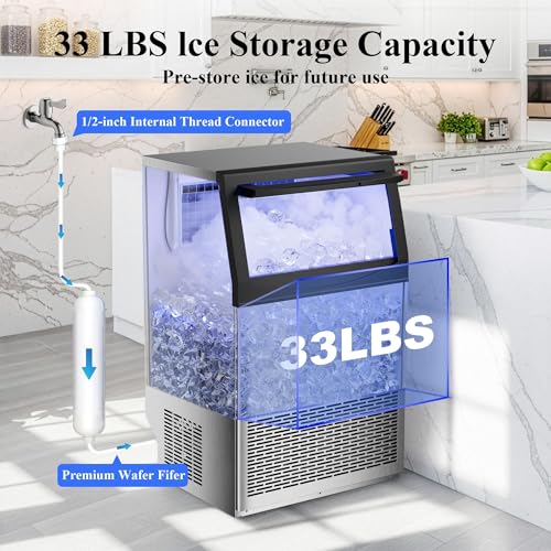 Commercial Ice Maker,110 lbs/24H,50 Cubes in 14 Mins,Stainless Steel Ice Machine with 33 Lbs Storage Capacity,Water Filter,Self-Cleaning,Under Counter/Freestanding Ice Maker for Restaurant,Cafe,Home