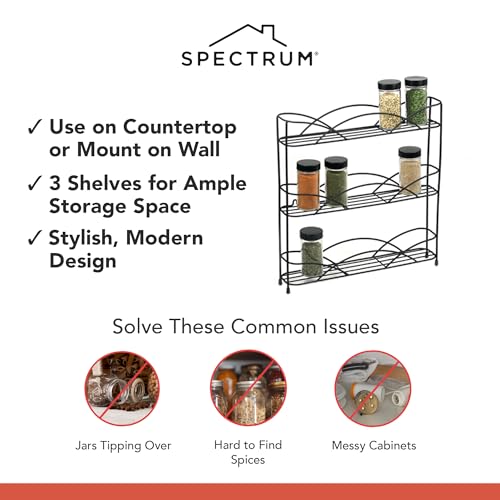 Spectrum 3 Tier Spice Rack Organizer Black Countertop Wire Shelf Spice Rack for Modern Kitchen Pantry Cabinet, Organize Spices with Three Tier Spice Shelf for Kitchen Storage with Wall Mount Option