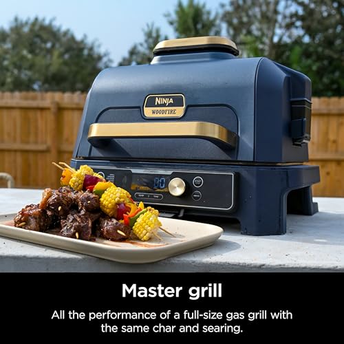 Ninja Woodfire Pro Connect XL Outdoor Grill & Smoker | Bluetooth, App Enabled | 7-in-1 Grill, BBQ Smoker, Outdoor Air Fryer | Woodfire Technology | Built-In Thermometer | Blue & Gold| OG951BL1