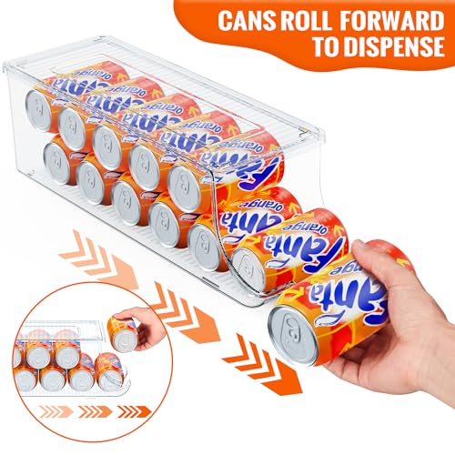 SCAVATA 4 Pack Soda Can Organizer for Refrigerator, Stackable Canned Food Pop Cans Container Can Holder Dispenser with Lid for Fridge Rack Freezer, Clear Storage Bins-Holds 12 Cans Each (Transparent)