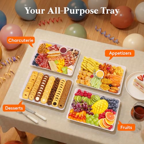 Lifewit 16" x 12" Extra Large Plastic Serving Trays for Party, 4 Pack Reusable White Food Platters for Cookies, Desserts, Fruit, Appetizers & Charcuterie, BPA-Free Catering Trays for Parties & Buffets