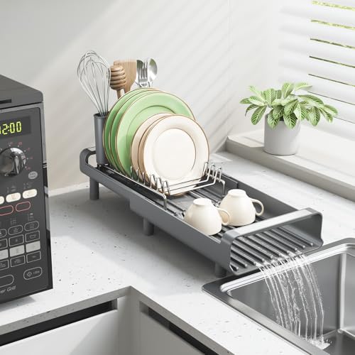 TOOLF Small Dish Drying Rack, Mini Expandable Compact Dish Rack, Slim Extendable Stainless Steel Dish Drainer for Kitchen Plate Storage, Space Saving Dish Strainer in Sink or on Home Countertop, Gray