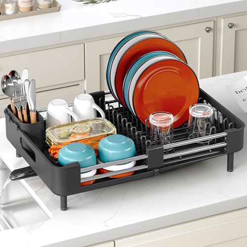 TOOLF Dish Drying Rack Expandable Drainer w/Cutlery & Cup Holder, Black