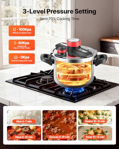 VEVOR Pressure Cooker, 6.3Qt Pressure Cooker Stainless Steel, Pressures Canner with Steaming Rack, Tempered Glass Lid, Three Pressures Settings for Meat, Beans, Rice, Soup, Sauces, Cook up to 100 kPa