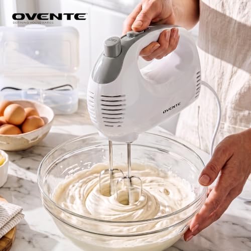 OVENTE 5-Speed Electric Hand Mixer with Storage Case,150W, White HM151W