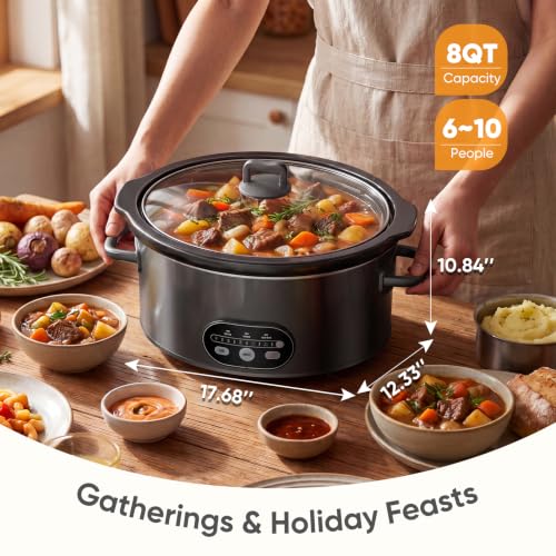 NEWBULIG Slow Cooker 8 Quart, Large Slow Cooker, Ceramic Nonstick Coating, 3 Adjustable Temp Multi Cookers with Dishwasher Safe Stoneware Pot & Tempered Glass Lid, 35in Tangle Free Cord Wrap, Black