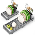 TOOLF Small Dish Drying Rack, Mini Expandable Compact Dish Rack, Slim Extendable Stainless Steel Dish Drainer for Kitchen Plate Storage, Space Saving Dish Strainer in Sink or on Home Countertop, Gray