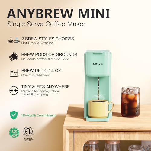 Tastyle Mini Hot and Iced Coffee Maker Single Serve, for K Cup and Ground, 6 to 14 Oz Brew Sizes, with Recipe Book, for Home, Travel, RV, Office and Dorm, Mint
