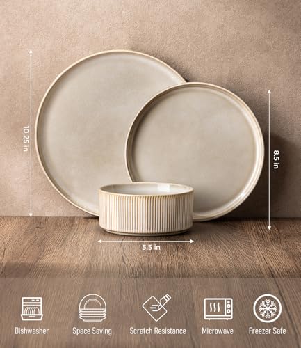 GBHOME 12-Piece Stoneware Dinnerware Set for 4 – Ribbed Ceramic Plates and Bowls, Scratch-Resistant, Microwave & Dishwasher Safe, Reactive Glaze, Cappuccino