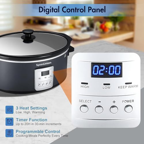 SpoonLemon 7QT Slow Cooker, Electric Programmable Cooker with 20H Timer & 3 Heat Settings, Oval Ceramic Pot — Ideal for Family Meals & Meal Prep, Compatible with 20 Count 13"x21" Cooking Liners